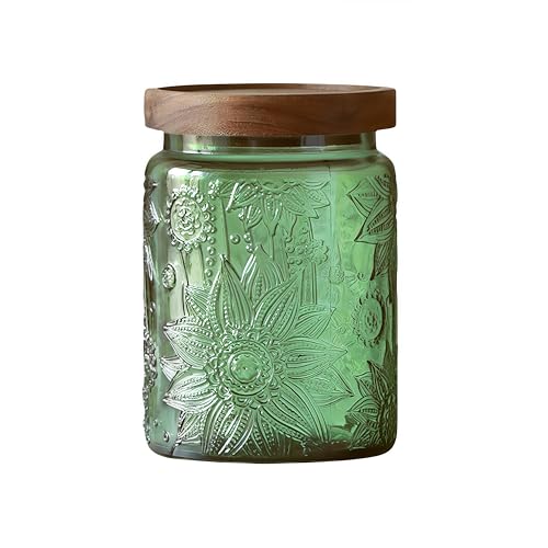 ANSQU Vintage 23.7oz Glass Storage Jar with Solid Wood Lid - Sunflower Kitchen Canister for Tea, Coffee, Candy, Cookies, Bath Salts & Laundry Detergent - Decorative Multi-Purpose Jar (Green, 1 Pack)