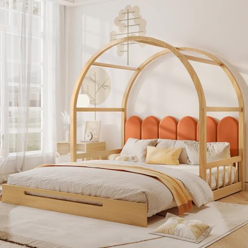 PUGSDRLY Lit Enfant Extensible en Forme D'arche avec Coussin en Velours,Lit Cabane Enfants 140x200 cm avec Sommier à Lattes,pour Enfants Adolescents,Blanc Orange (H)
