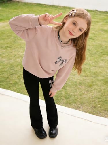 Image of Tween Girls Clothes Long Sleeve Graphic Sweatshirt Top + Bow Knot Pants 2 Piece Outfit Set, Size 7-16Years