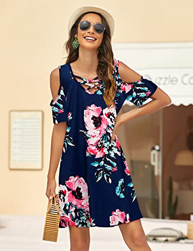 Image of Bluetime Women Cold Shoulder Summer Dress Short Sleeve Beach Casual Loose Swing Dress
