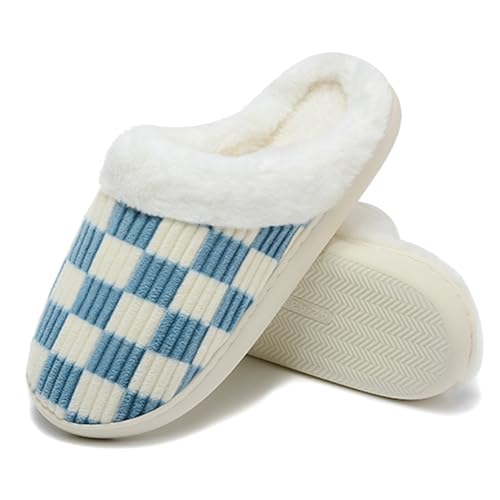 Image of Jogyew Women House Fuzzy Slippers - Plaid Scuff Checkered Slip-on Memory Foam Indoor Outdoor Comfortable Soft Slides