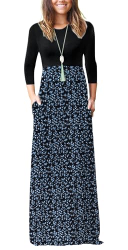 Image of WNEEDU Women's 3 /4 Sleeve Casual Loose Long Maxi Dresses with Pocket | Empire Elastic Waist, Crewneck, Floor Length, Soft Stretchy Flowy, Formal Dress, Wedding Wear, Solid Color and Prints
