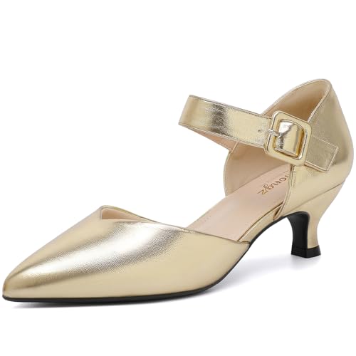 Image of RIBONGZ Comfortable Kitten Heels for Women Pointed Closed Toe Ankle Strap Buckle Heels Slip on Low Heel Church Pumps Wedding Bridal Party Dressy Shoes