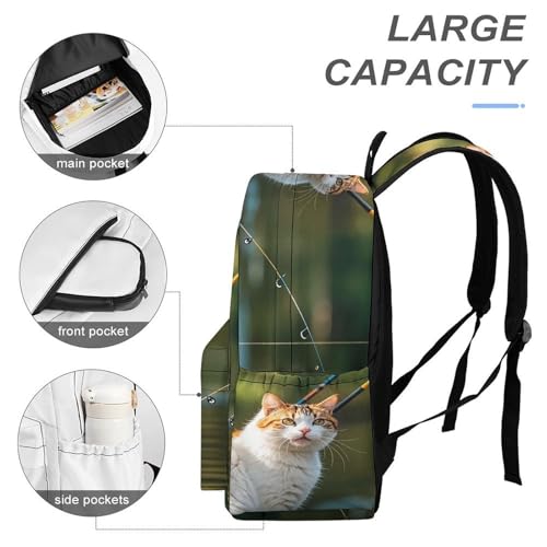 Heavy-Duty Backpack with Side Pockets, Fishing Cat Print Durable Backpack4