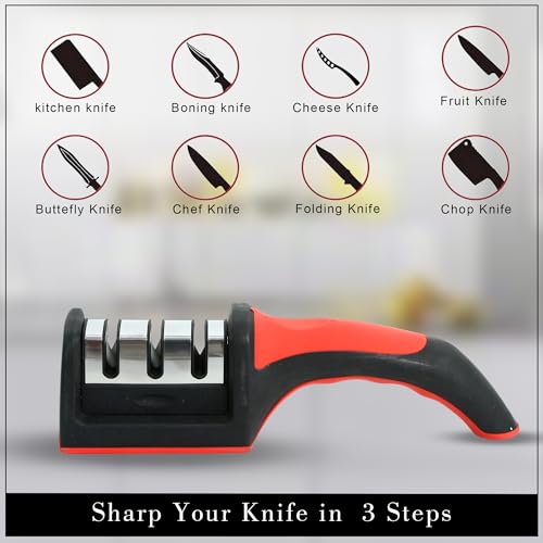 Image of 3-in-1 Professional Grade Knife Sharpener Pack of 1, Easy Handle Grip with Stable Base, 3-Stage Sharpening Tool for All Types of Knives