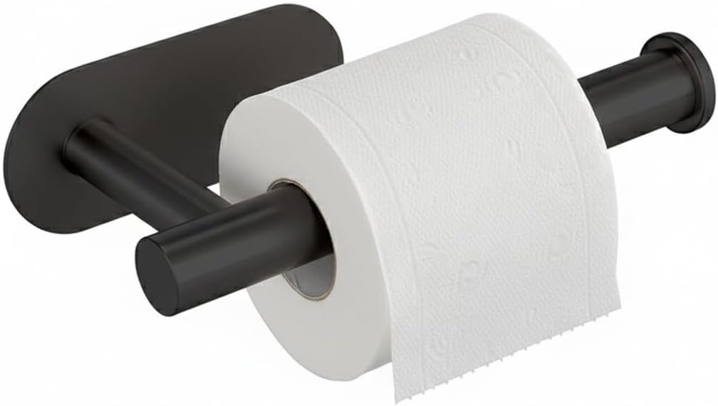 Toilet Paper Holder No Drilling, SUS304 Stainless Steel Adhesive Black Tissue Roll Holder - Rustproof, Wall Mount for Bathroom, Kitchen, RV
