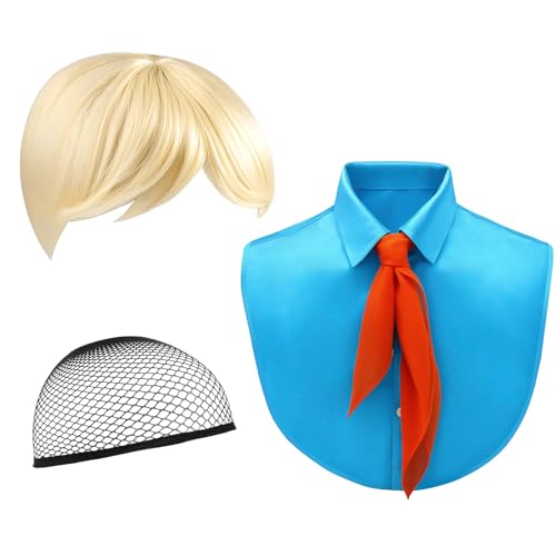 Crowye 4 Pcs Halloween Cosplay Costume Men Gold Wig with Wig Cap Orange Chiffon Square Scarf and Fake Blue Collar for Party