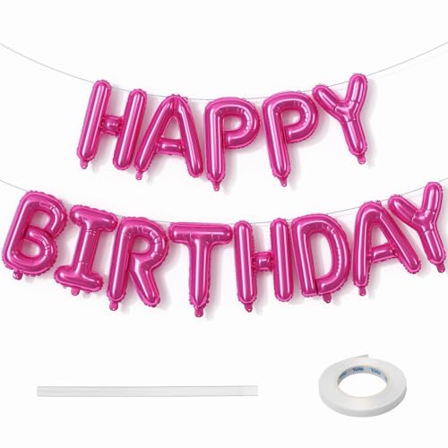 Happy Birthday Balloon Banner - 16 Inch Hot Pink Foil Mylar Sign Bunting Self Inflating Letter Balloons for Girls Women Party Decorations Supplies by Lingqiang - Used condition - US$7.23