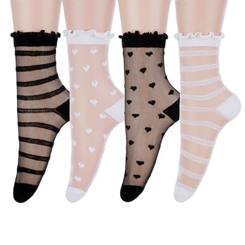 Telooco 4 Paar Transparente Söckchen Rüschen Socken Damen Lässige Netz Spitzensocken Damensocken Durchsichtige Feinsöckchen Söckchen mit Rüschen Sommer Transparentsocken für Damen Mädchen