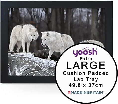 Extra Large Portable Lap Desk Tray (Three White Wolves) Wide Multi Purpose | Handmade Large Wooden Frame, Big Beanbag Cushion Bottom | Computers, Laptops, Meals, Food | 49.8cm | XL3 Black