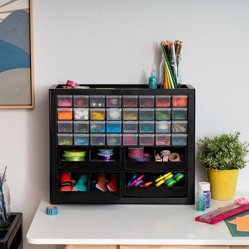 Image of IRIS USA 32-Drawer Organizer with 4 Bins and Dividers, Garage Tool, Black | Wall mountable, Stackable, Hardware, Electronics, Teacher Toolbox, Small Parts, Nuts & Bolts, Screws