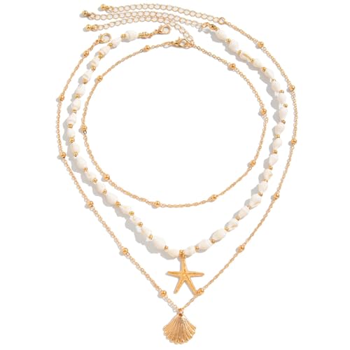 Seashell Necklace for Women Gold Layered Sea Shell Necklace Boho Summer Beach Necklaces for Women Adjustable Pearl Conch Starfish Necklaces Vacation Coastal Beachy Jewelry Outfits Accessories