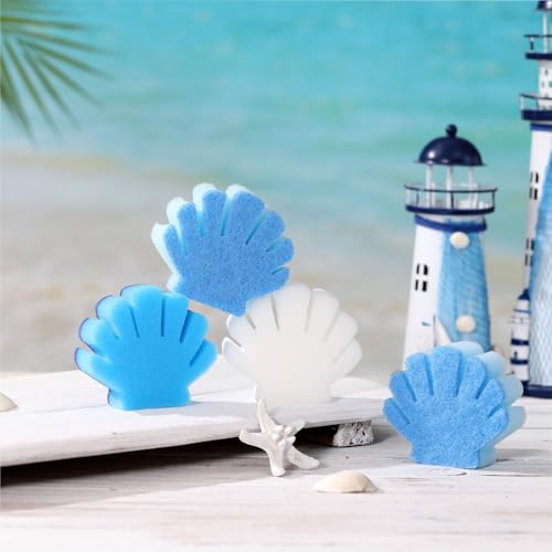 Image of Tioncy 12 Pack Shell Kitchen Sponges Bulk Dual Sided Scrubber Summer Shell White Blue Sponges Dishwashing Kitchen Cleaning Accessories for Funny Beach Sea Theme Household Supplies