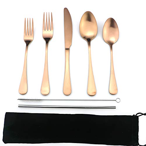 JASHII Modern Royal 5 Pcs Matte Rose Gold 18/10 Stainless Steel Utensils Cutlery Dinnerware Set w/Straw, Knife Fork and Spoon Flatware Set for Wedding Festival Christmas Party Service for 1