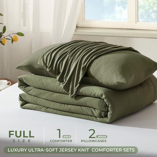Image of Full Size Comforter Set, Comforters Full Size Luxury Ultra-Soft Jersey Knit Bedding Sets, Olive Green Lightweight Down Alternative Bed Comforter for All Season, 3 Piece Bedding Set