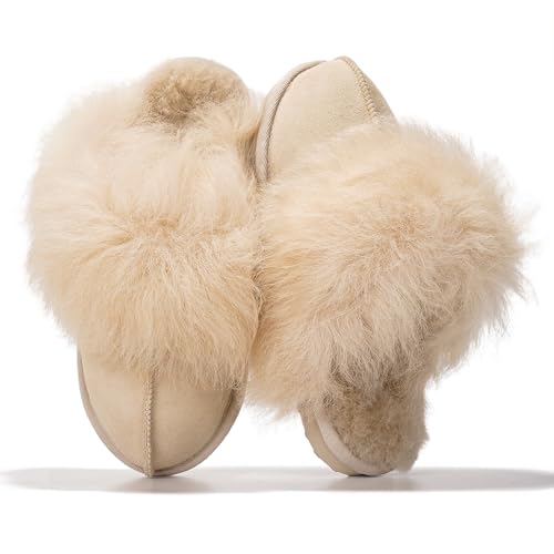 Project Cloud 100% Australian Sheepskin Scuff Slippers for Women - Genuine Shearling Memory Foam Slides for Women mules for women - Non-Slip Womens slippers - Christmas Slippers (RYANN, BEIG, 5.5)