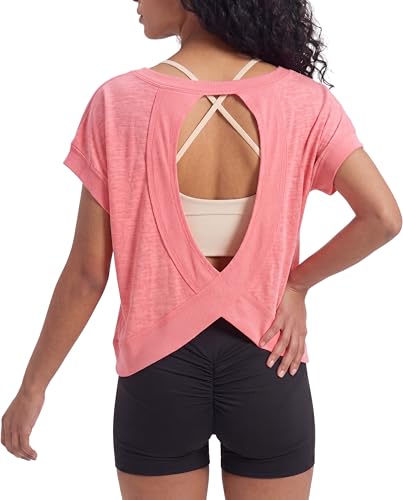 BRJR Womens Open Back Workout Tops Summer Short Sleeve Loose Fit Athletic Shirt for Outdoor Yoga Gym Running Climbing (Neon Coral Small)
