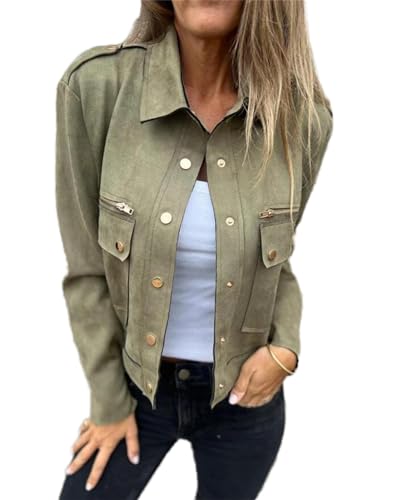 YUTILA Chaqueta corta de entretiempo para mujer, chaqueta de piel sintética, chaqueta de piel sintética, chaqueta de primavera ligera para mujer, Verde militar., S