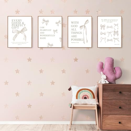 Image of LARTSFRO Coquette Beige Bow Wall Art Decor Posters, Beige Bow Christian Room Bedroom Bathroom Dorm Wall Art Decor Aesthetic for College Teen Girls Gifts, Inspirational Bible Verses Bow Wall Decor, 12x16 Inch Set of 4 Pcs Bow Pictures (UNFRAMED)