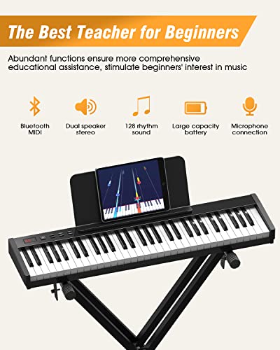 Konix 61 Keys Keyboard Piano With Semi-Weighted Keys & Keyboard Stand, Portable Electronic Keyboard Piano Support Midi Usb Interface & Bluetooth, Great For Beginners, Children And Adults #TOP3