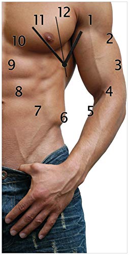 Wallario Design-Wanduhr Halbnackter Mann mit Jeans aus Glas, Motiv-Uhr Größe 30 x 60 cm, Schwarze Zeiger