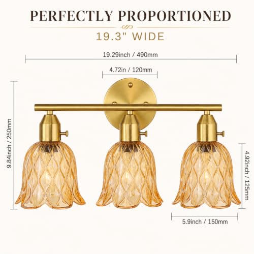 Image of 19.3 inch 3-Light Bathroom Light Fixtures, Gold Vintage Vanity Lights with Clear Amber Tulip Glass Shade, Bathroom Wall Lamp for Mirror Kitchen Living Room Hallway Cabinet Porch