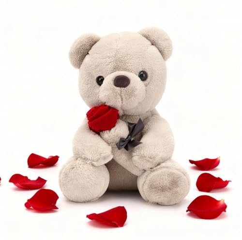 Teddybär, Plüsch Bär, 23cm Teddy mit Rosen, Stofftier Teddy, Spielzeug Kissen, Plüschtier Kuscheltier Schmusetier Geschenke für Freundin Mama Kinder Mädchen Ehefrau Valentinstag Geburtstag (Braun)