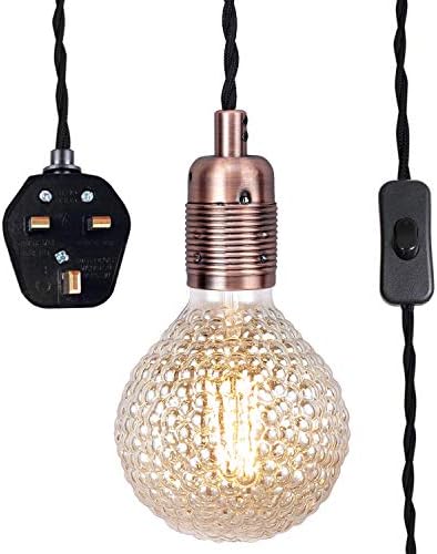 Antique Brass Pendant Light Fitting with Plug-in, Vintage Style Hanging Light KIT E27 Lamp Holder, 4500MM Braided Twisted Cable with On/of Switch-KIT04APG