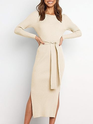 ANRABESS Womens Long Sleeve Sweater Dress Crew Neck Slim Fit Slit Tie Waist 2025 Ribbed Knit Bodycon Midi Dress Fall Outfits2