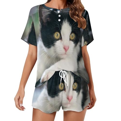 Ensemble de pyjama manches courtes motif chat noir blanc chic
