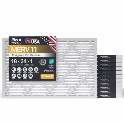 Image of BNX TruFilter 18x24x1 Air Filter MERV 11 (12-Pack) - MADE IN USA - Allergen Defense Electrostatic Pleated Air Conditioner HVAC AC Furnace Filters for Allergies, Dust, Smoke, Allergy MPR 1200 FPR 7