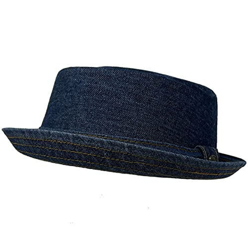 Men's Everyday Cotton All Season Porkpie Boater Derby Fedora Sun Hat (L/XL, Denim Blue)
