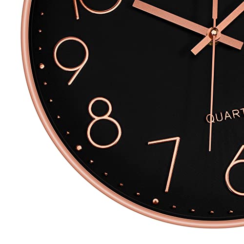 Foxtop 12 Inch Wall Clock Silent Non-Ticking Decorative Battery Operated Quartz Round Rose Gold Wall Clock For Living Room Bedroom Home Office School Decor (Black Dial) #TOP5