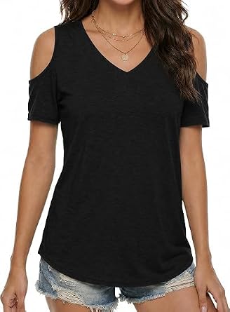 Buauty Womens V Neck Criss Cross Cold Shoulder Tops Trendy Loose Blouse Summer Short Sleeve Shirts for Women