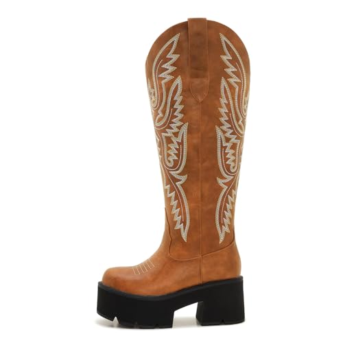 Image of Uillnoodu Wide Calf Cowboy Boots Women Adjustable Lace Up Knee High Tall Plus Size Cowgirl Boots Western Style Comfortable 2-Inch Heel