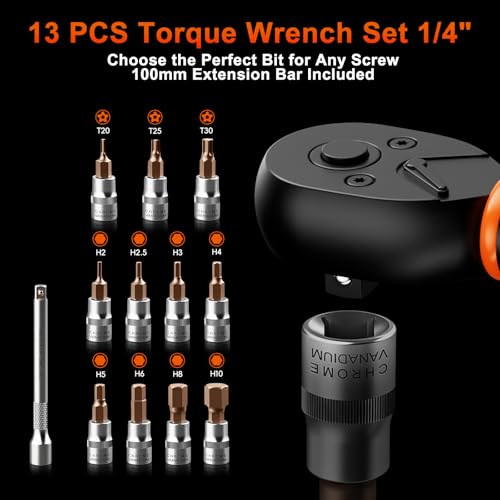 AivaToba Klein Drehmomentschlüssel Fahrrad 1/4, 2026 Upgrade 13TLG Drehmomentschlüssel, 2-24 Nm Torque Wrench Set mit 72 Zähne Ratsche, ±3% Fehlergenauigkeit, Verlängerungsstangen, 3/8 Adapter