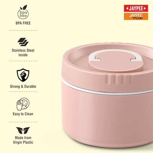 Image of Jaypee Plus Snackpac Sr. Airtight Leakproof Container 500 ml Lunch Box for School, Office, Ideal for Snacks and Meal, Keeps Food Hot & Fresh Inner Stainless Steel Easy to Carry Handle, Sanitary Pink