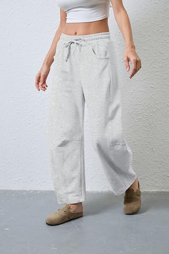 SeekMe Women's Barrel Leg Sweatpant Drawstring Elastic Waisted Wide Leg Pants Casual Cotton Palazzo Trousers with Pockets4