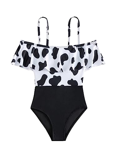 WDIRARA Girl's Cute Cow Print Swimwear Ruffle Trim Cold Shoulder Boho One Piece Swimsuit