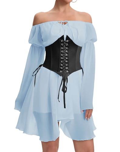 Image of Womens Corset Dress Off Shoulder Bell Sleeve Casual Party Pirate Fairy Dress Set