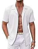 COOFANDY Mens Short Sleeve Button Down Shirt Fashion Textured Linen Summer Beach Shirts for Men Regular Fit White - M