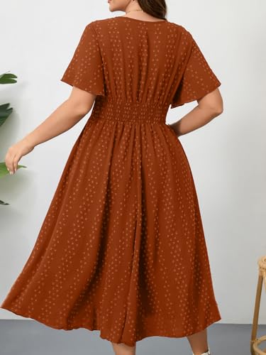 Image of RWJ Women's Plus Size Maxi Dress V Neck Short Sleeve Swiss Dot A Line High Waist Boho Swing Casual Summer Dresses