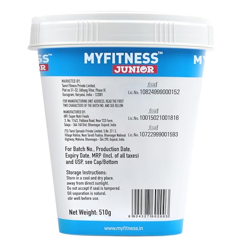Image of MYFITNESS Peanut Butter Junior Chocolate Spread Crunchy 510g | Specially Made for Kids & Teens | Rich in Calcium, Iron, Vitamins & Minerals | Healthier Choco Spread for Breakfast, Snacks & Lunch Box