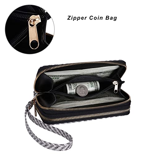 Image of Cellphone Wallet for Women Dual Zipper Long Purse with Removable Wristlet, Wave Black