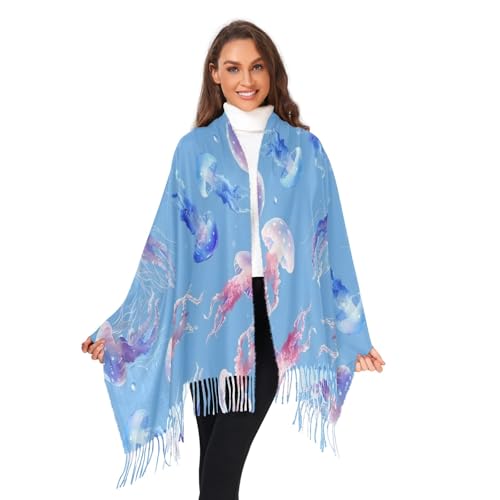 ALAZA Women's Scarves Winter Scarf Cashmere Feel Pashmina Shawls Wraps Jellyfish Blue Soft Warm Lightweight with Tassels Fall
