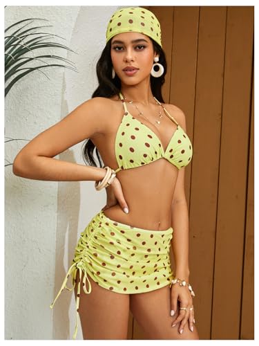 Image of RoseSeek Women's 4 Piece Polka Dots Bathing Suits Cover Up Skirt & Bandana