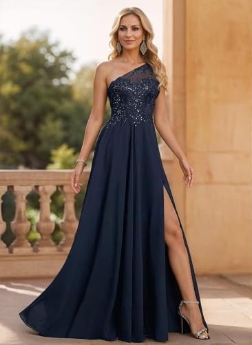 One Shoulder Illusion Evening Formal Dresses for Women 2025 Sequin Lace Mother of The Bride Dresses with Slit4