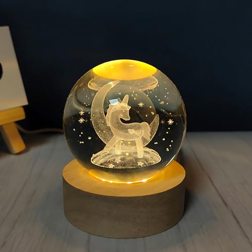 Image of 3D Crystal Ball Night Light with Wooden Base, Aesthetic Clear LED Lamp for Home and Bedroom Touch Switch, Warm Light for Kids and Teens Perfect Birthday & Anniversary (Unicorn)