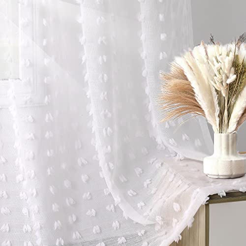 White Curtain 96 Inches Long For Living Room Bedroom Textured Curtains 2 Panels Set Sheer Window Curtain Panels 52 Inch Width Farmhouse Semi Sheer Boho Pom Pom Tufted Rod Pocket 52X96 Inches #TOP5