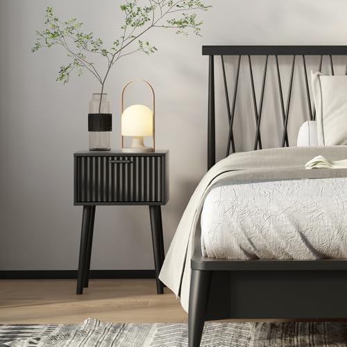 LAATOOREE Set of 2 Nightstands with Fluted Door - Modern Mid-Century Side Tables for Small Spaces (Black)